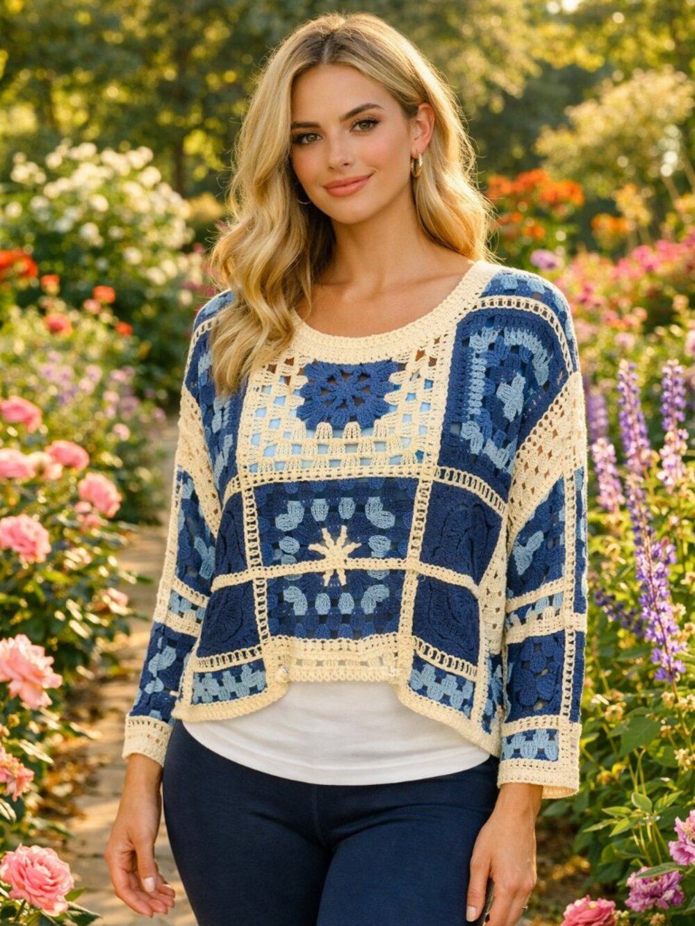 Blue/White Crocheted Cover Top (E28)